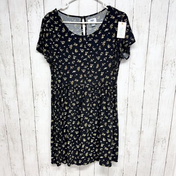 Old Navy Dress Women Size Medium Black Dainty Floral Short Sleeve T-Shirt Mini - Picture 1 of 7
